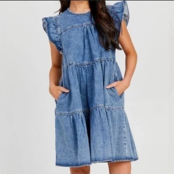 Altar'd State Dresses & Skirts - Altar'd State Tiered Ruffle Babydoll Denim Mini Dress A-Line Blue Medium